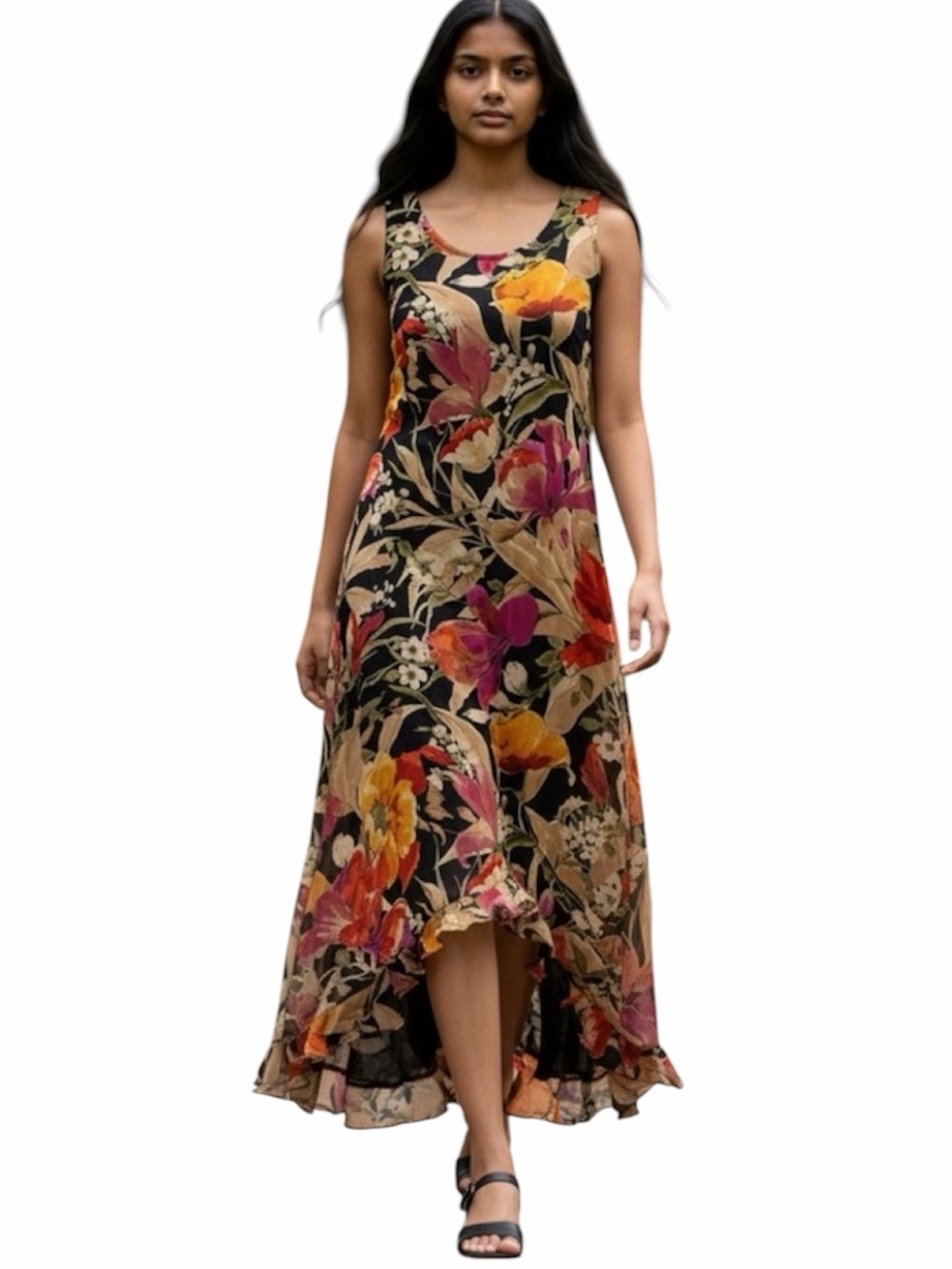 Y2K Chiffon Maxi Dress Women’s SZ SM Asymmetrical Hem Dark Romantic Floral Fairy